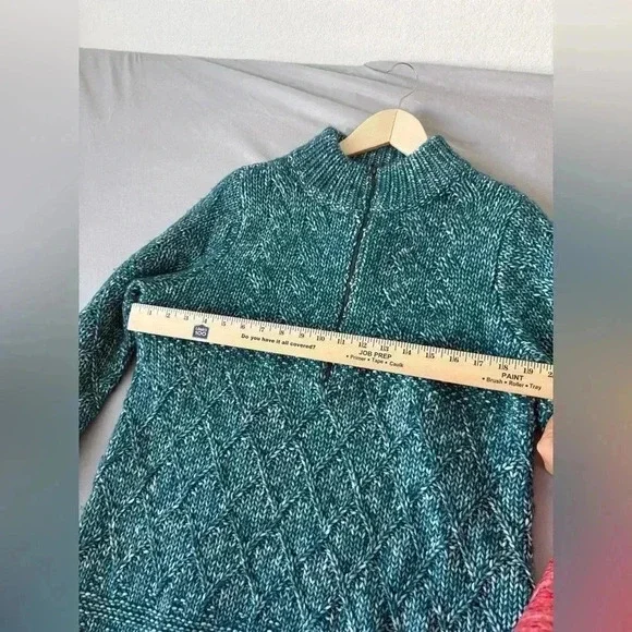 Soft Surroundings Women's Teal 1/4 Zip Aran Cable Knit Sweater Size M Wool Blend - Picture 3 of 10